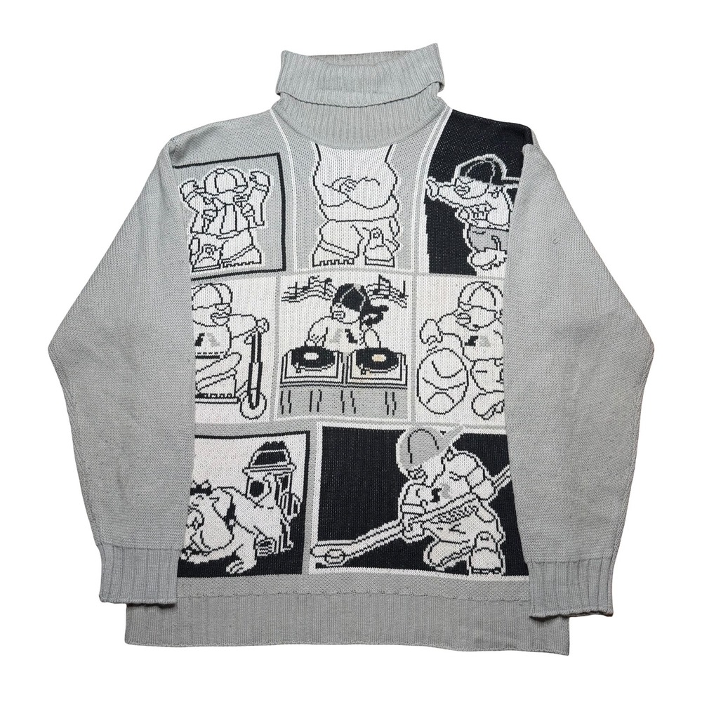 Vintage Y2K Underdawg Hip Hop Graphic Knit Turtleneck Sweater XL Grey Streetwear